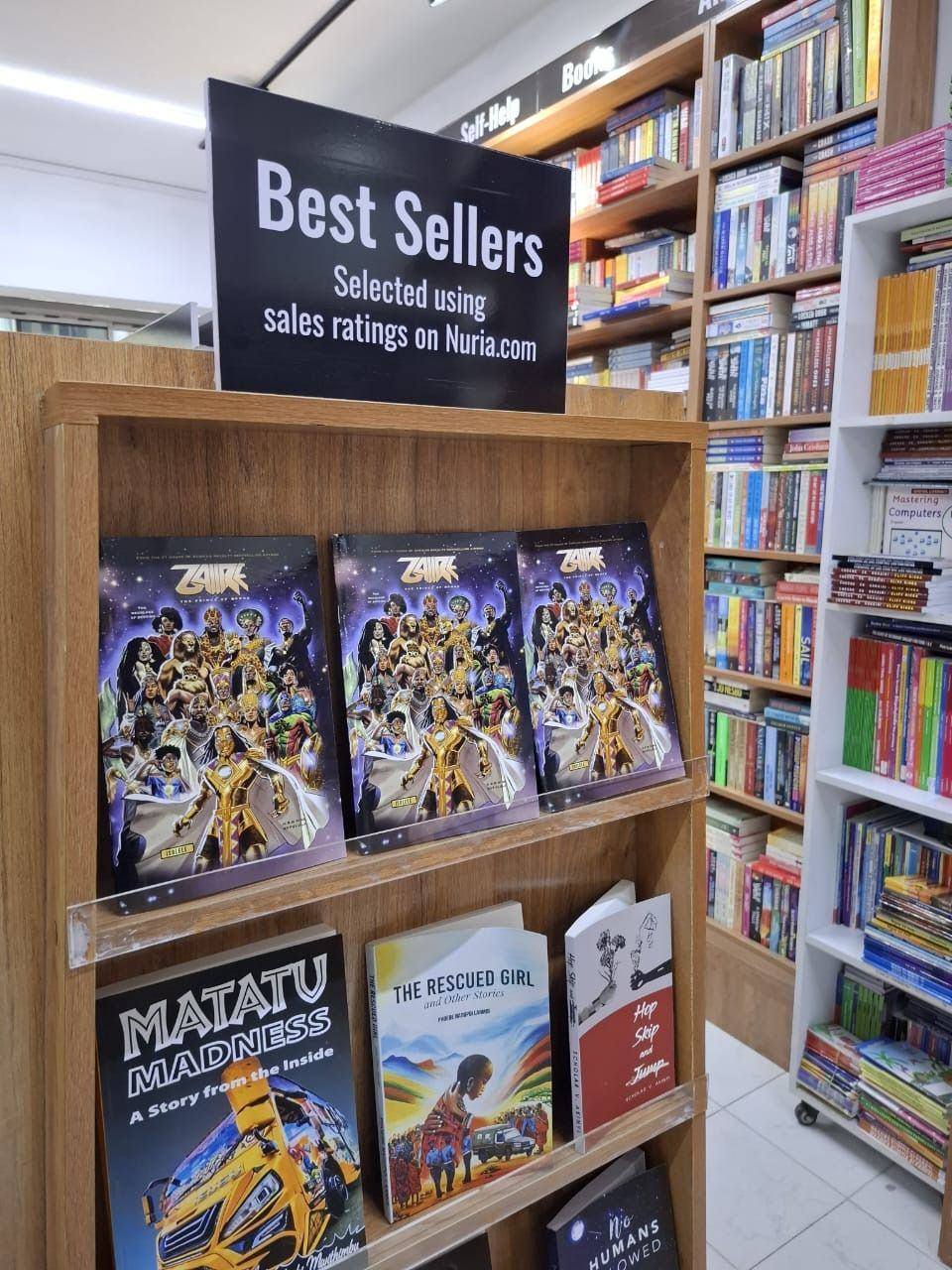 Rayon des bestsellers de la librairie Nuria à Nairobi, Kenya